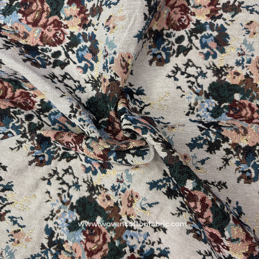 Vintage Gobelin Style Rose and Floral Tapestry Woven Cotton Fabric, Per Meter