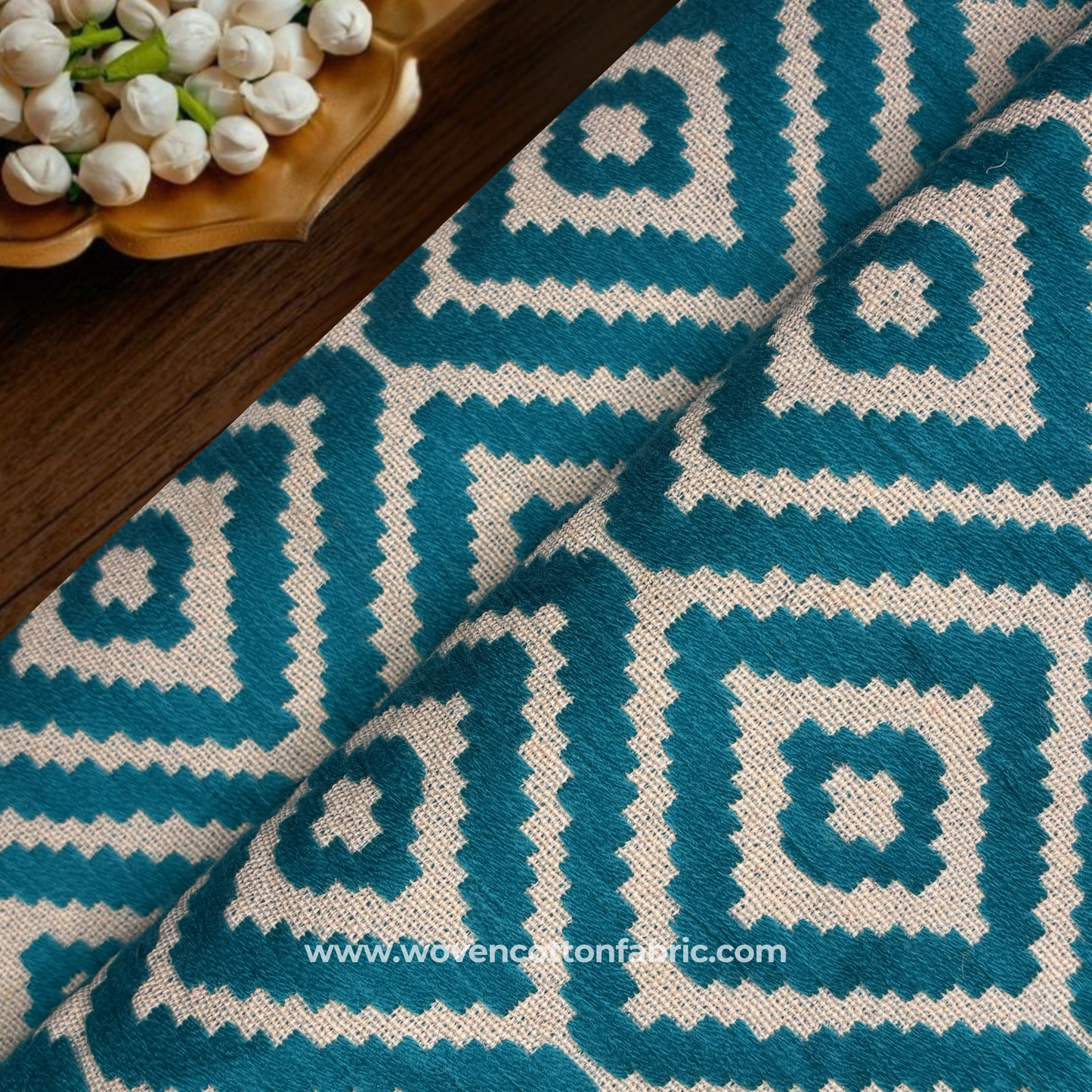 Teal Diamond Jacquard  Fabric, Per Meter