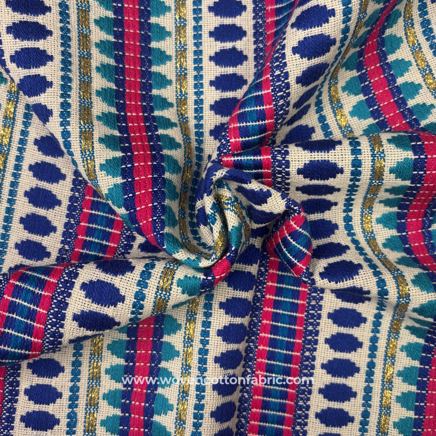 Azure Mosaic Handloom Cotton Fabric, Per Meter