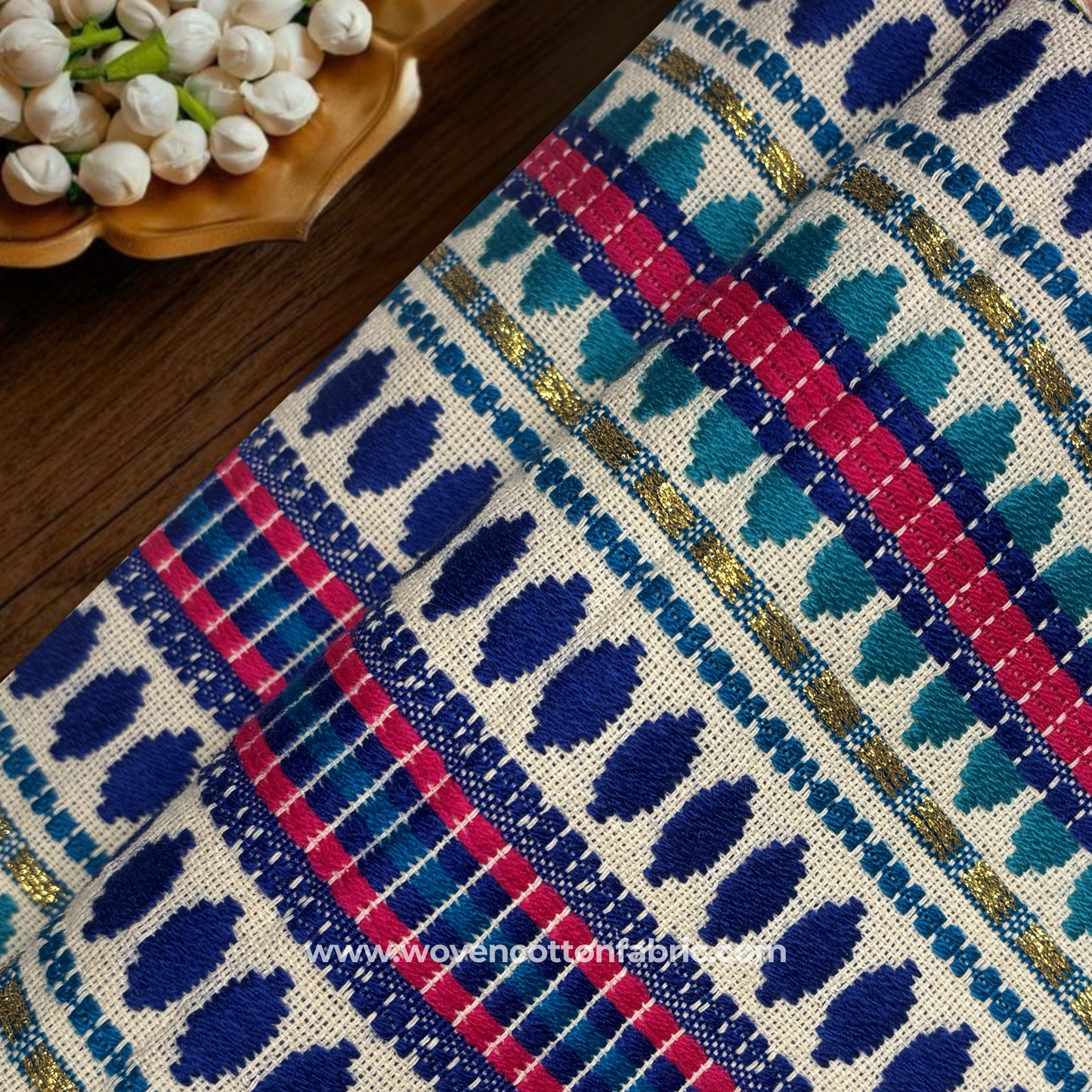 Azure Mosaic Handloom Cotton Fabric, Per Meter