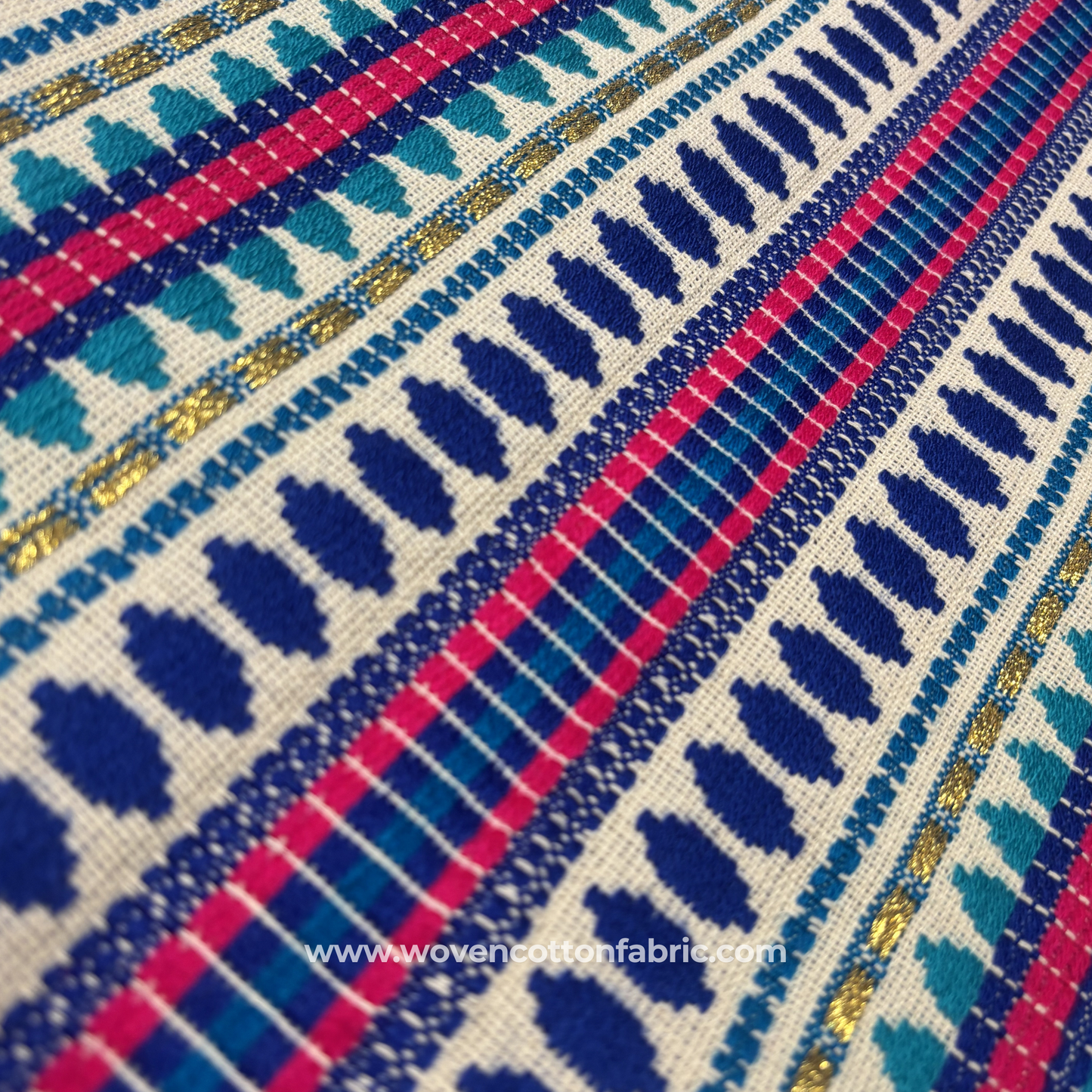 Azure Mosaic Handloom Cotton Fabric, Per Meter