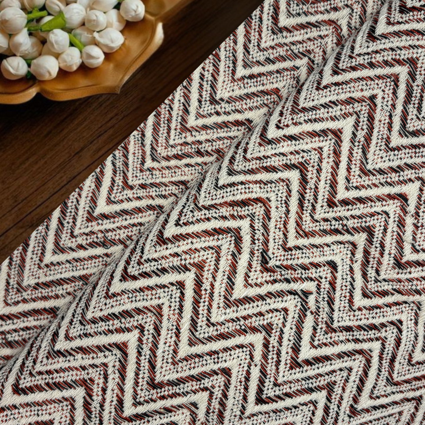 The Crimson Peak Zig-Zag Flatweave Fabric, Per Meter