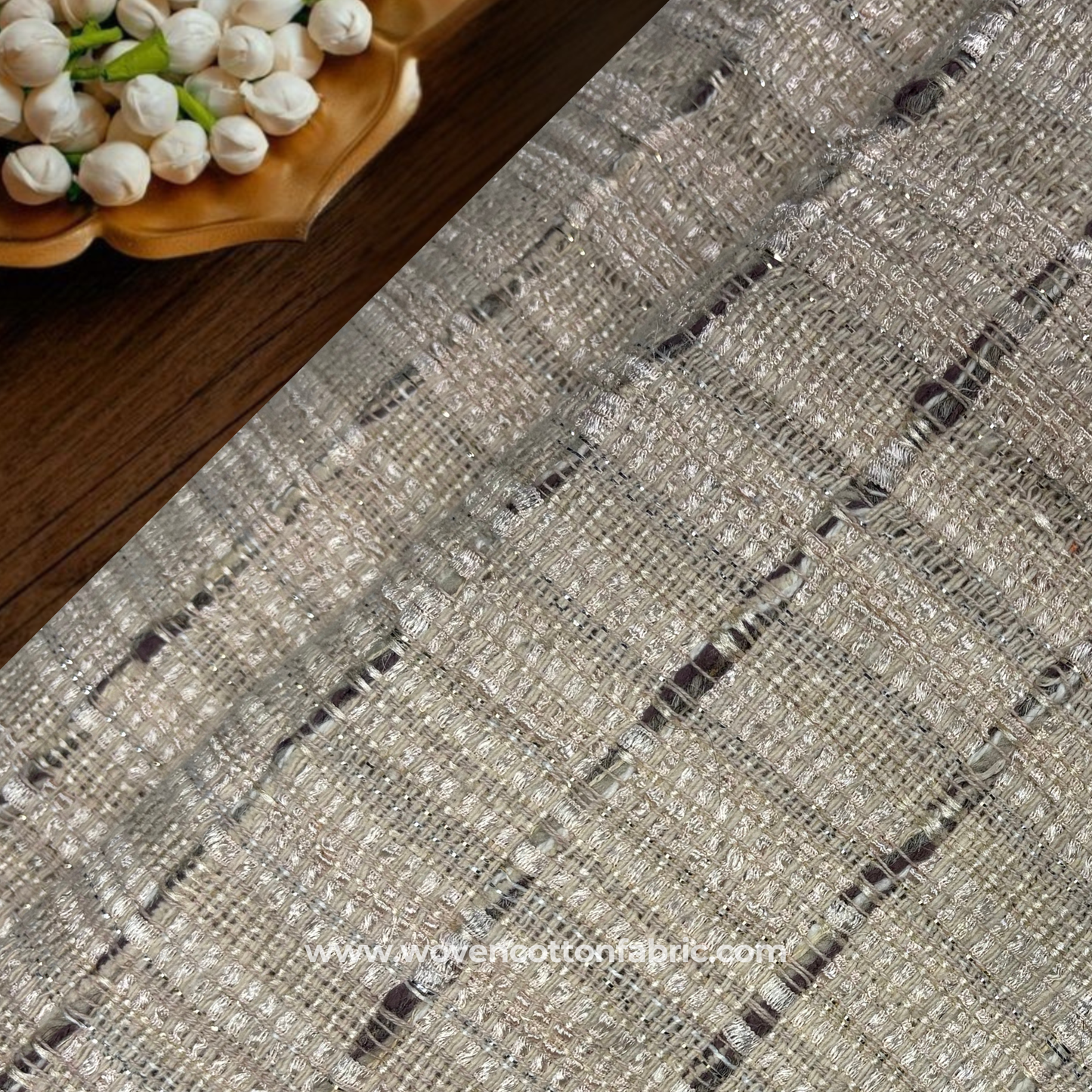 Champagne Shimmer Bouclé Tweed Fabric, Per Meter