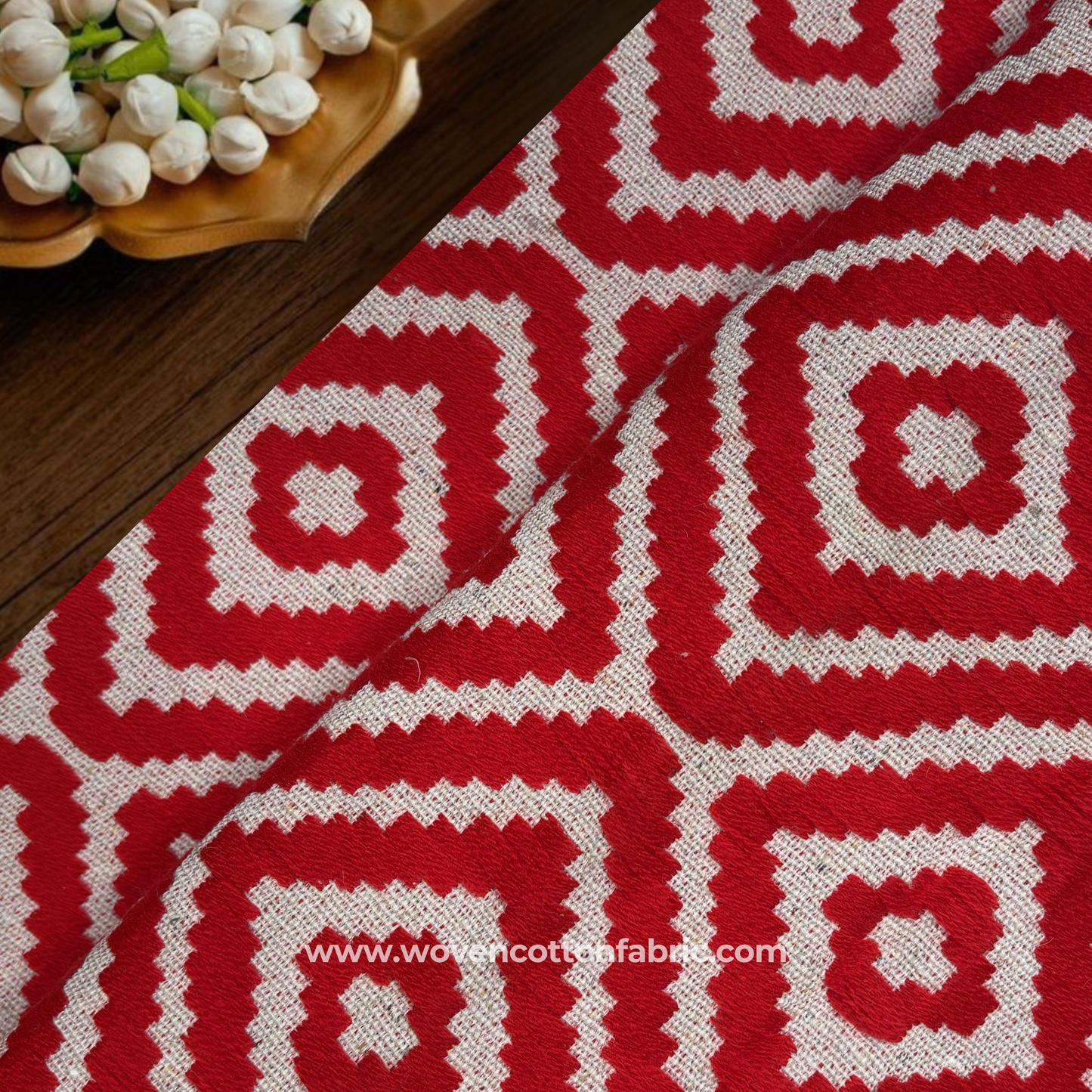 Crimson Diamond Ikat-Style Jacquard Fabric, Per Meter