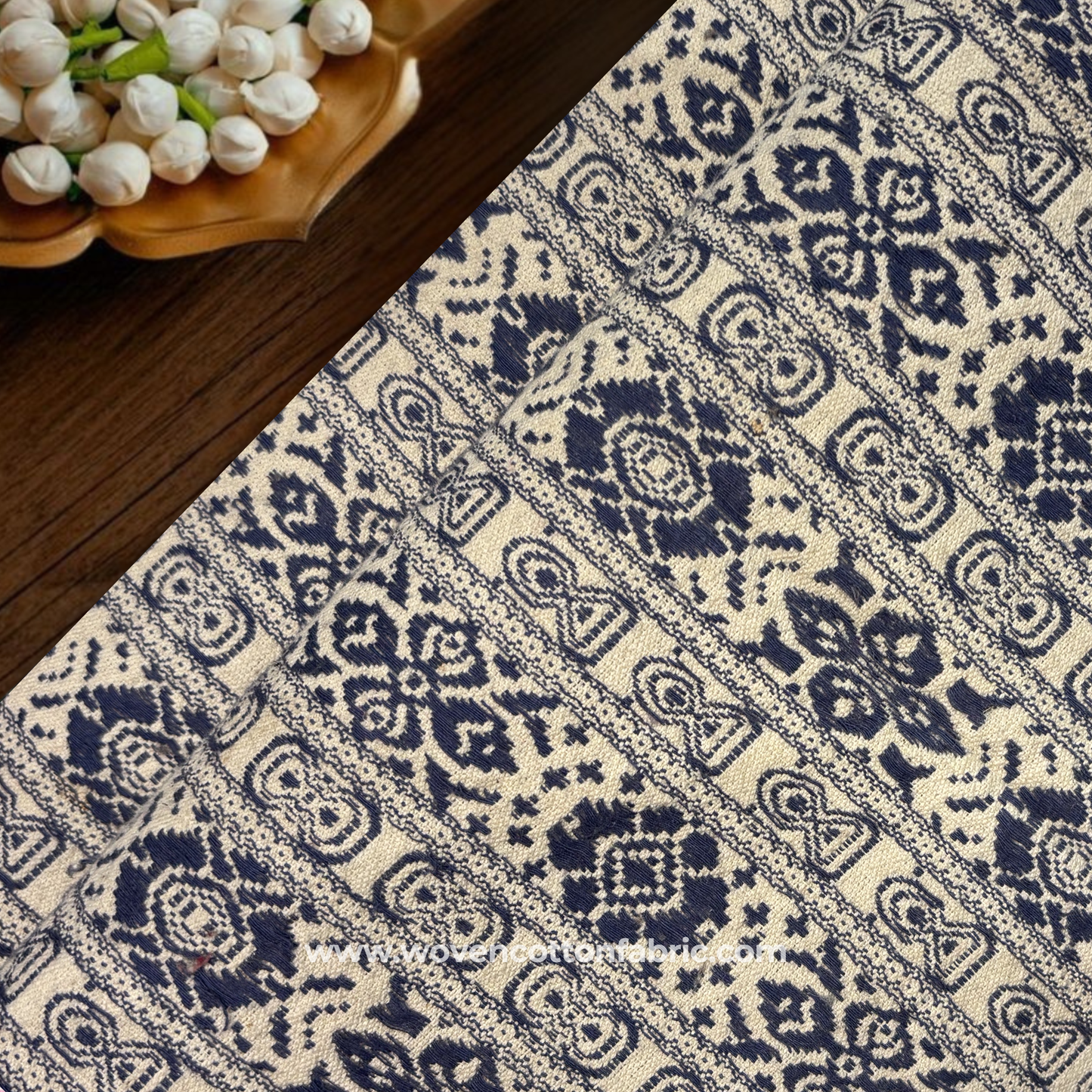 Indigo Heritage Floral Jacquard  Fabric, Per Meter