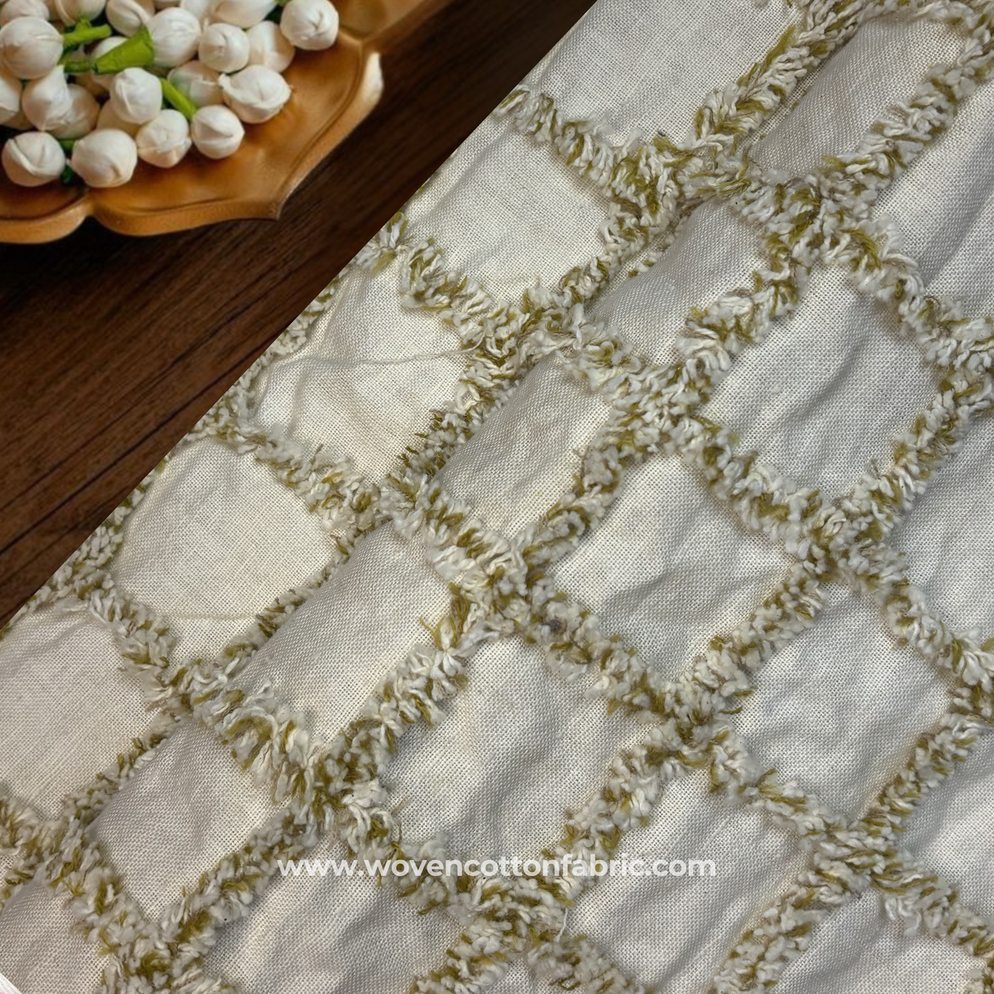 Moss Tufted Lattice Cotton Fabric, Per Meter