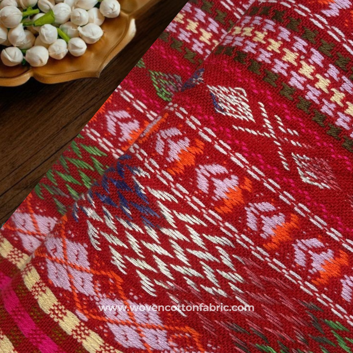 Crimson Ikat Heritage Jacquard Fabric, Per Meter