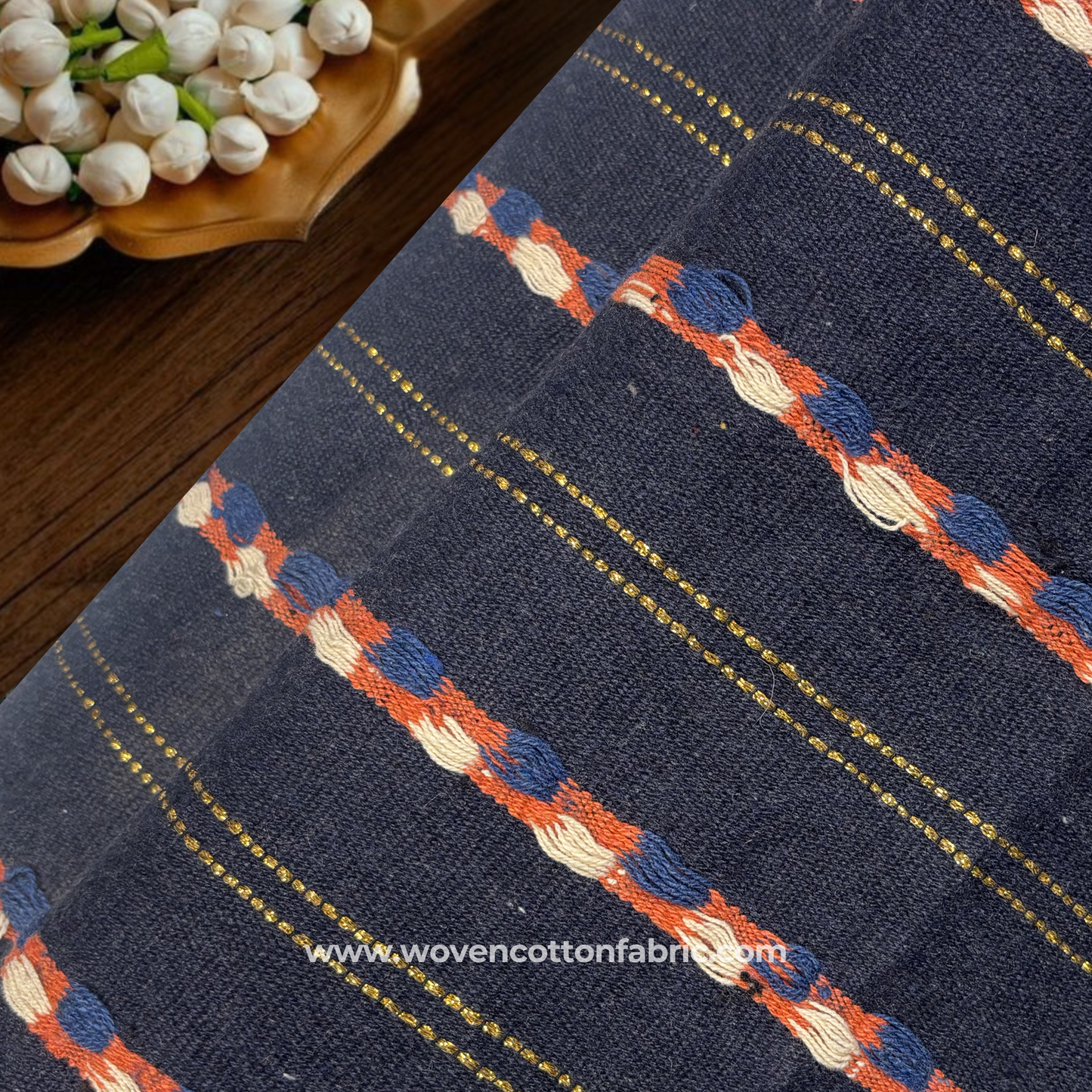 Midnight Gilded Pinstripe Tufted Cotton Fabric, Per Meter