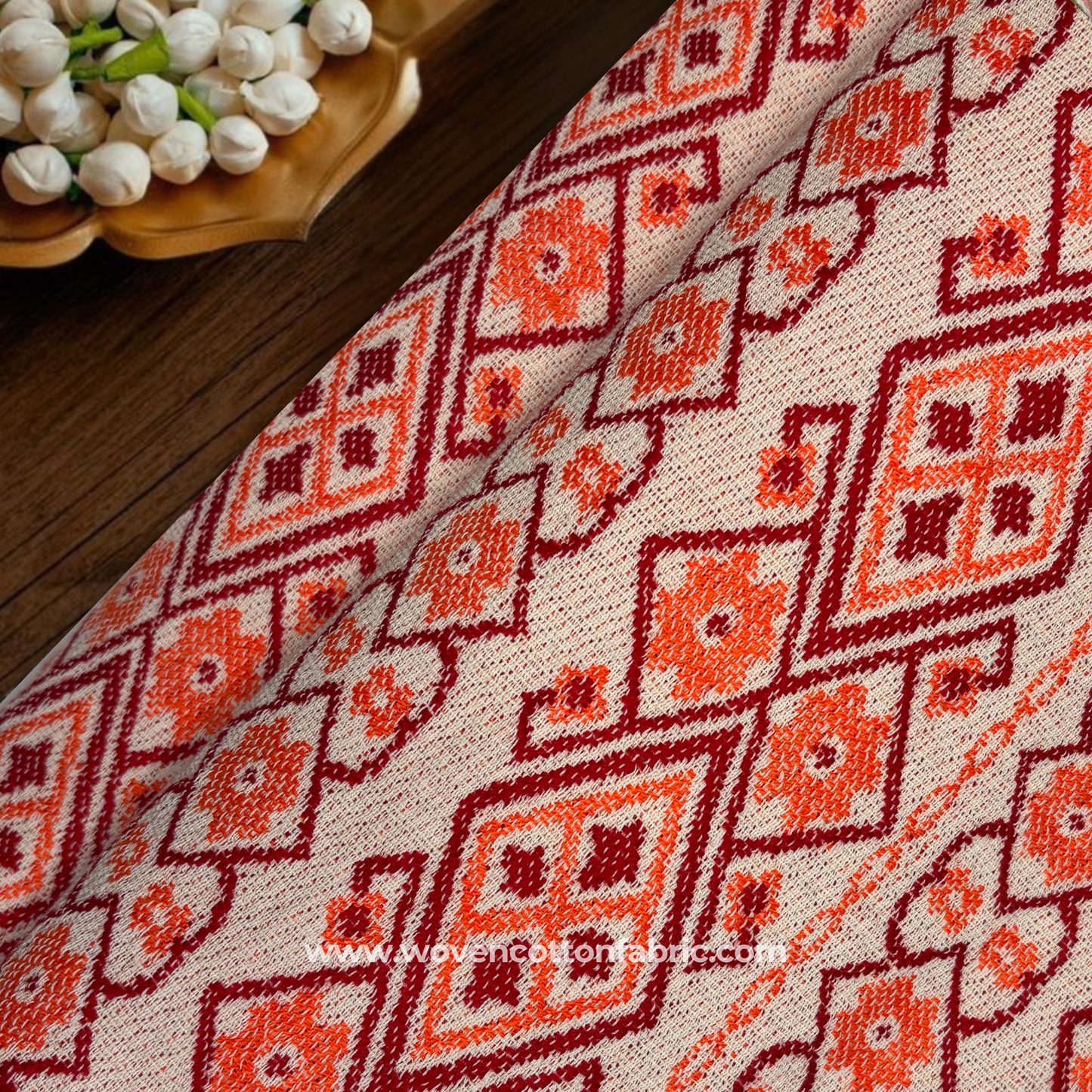 Sunset Mosaic Handloom Cotton Jacquard Fabric, Per Meter