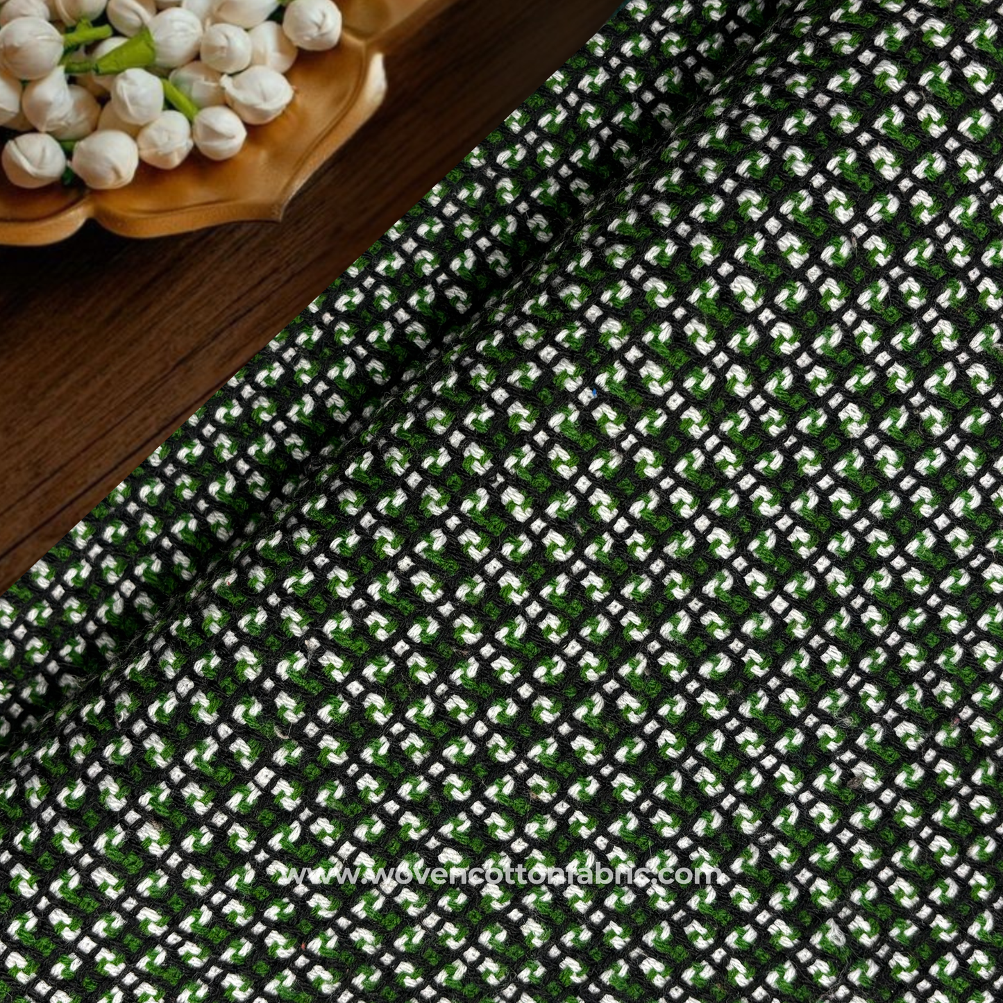 Emerald Grid Handloom Fabric, Per Meter