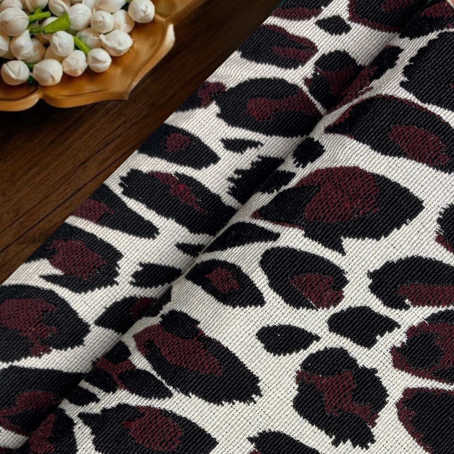 Midnight Garnet Leopard Fabric, Per Meter