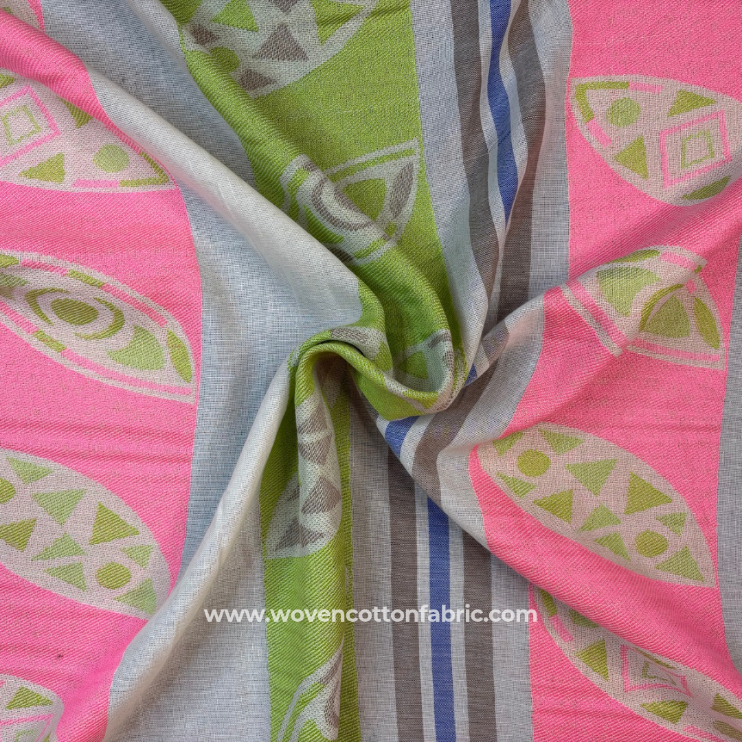 Green GeoBloom Cotton Jacquard Fabric, Per Meter