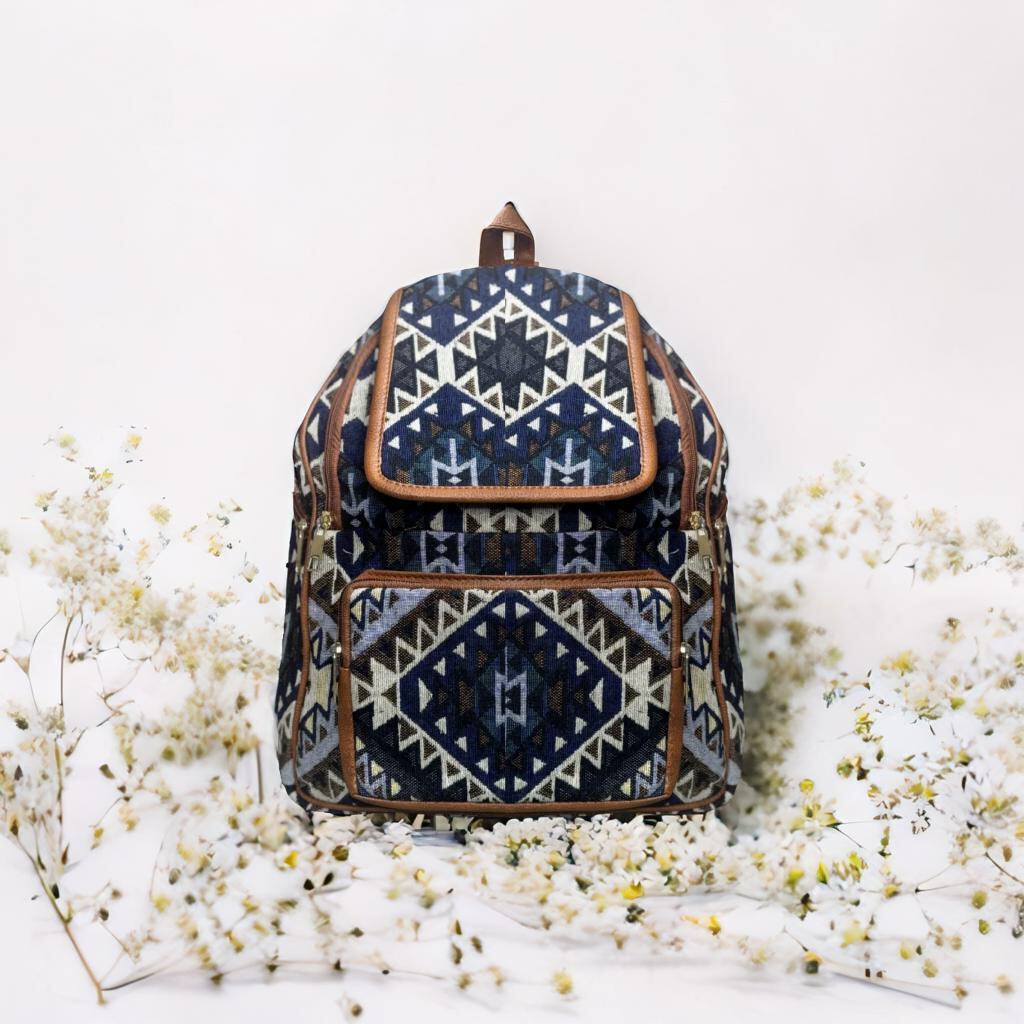 Navy Blue Aztec Print Handcrafted Backpack, Small 5L