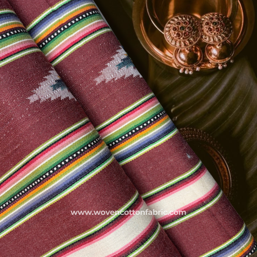 Brown Rustic Rows Cotton Jacquard Fabric,Per Meter