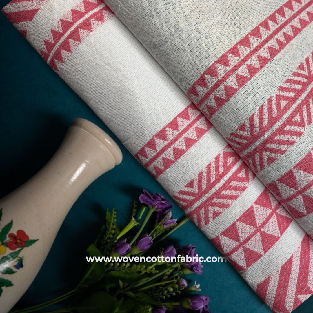 Pink Tribal Monochrome Cotton Jacquard Fabric, Per Meter