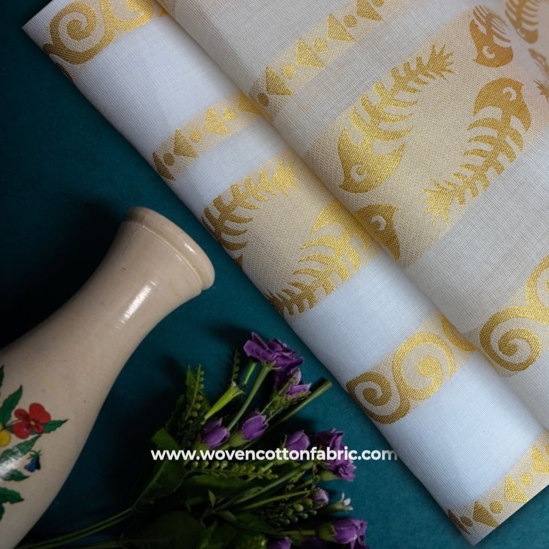 Golden Aqua Dusk Cotton Jacquard Fabric, Per Meter